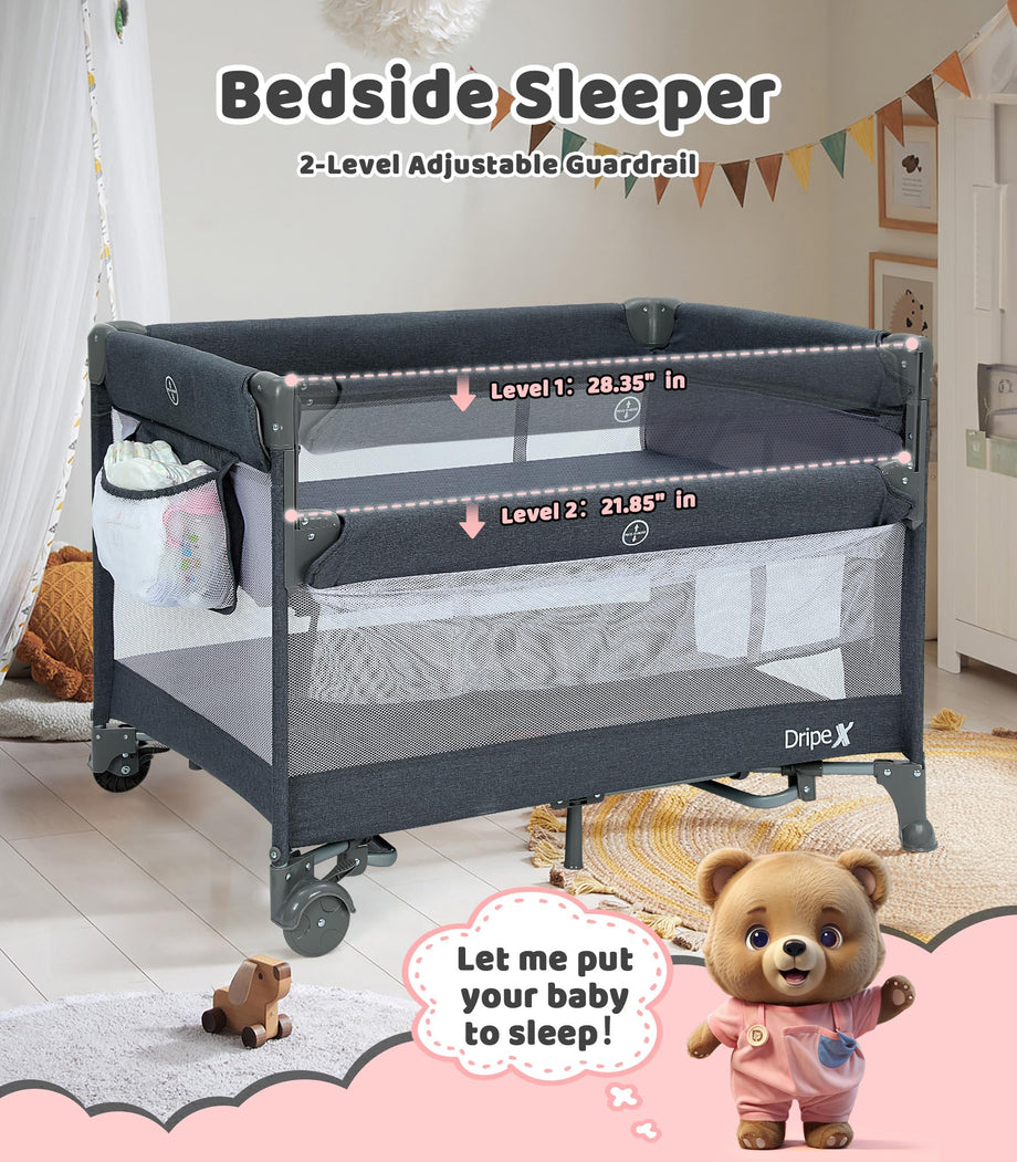 Dripex Pack and Play, 5 in 1 Baby Bassinet Bedside Sleeper, Baby Bedside Crib with Mattress, Changing Table, Removable Rocker, Foldable Playard for Newborn to Toddlers, Portable Playpen, Dark Grey