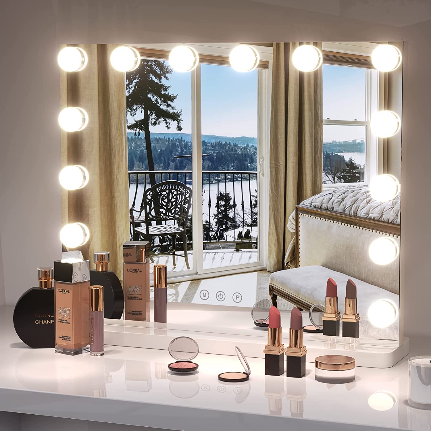 LUXFURNI Vanity Tabletop Hollywood Makeup Mirror w/USB-Powered Dimmable  Light, Touch Control, 12 Day/Warm LED Light (16Wx20L, White)