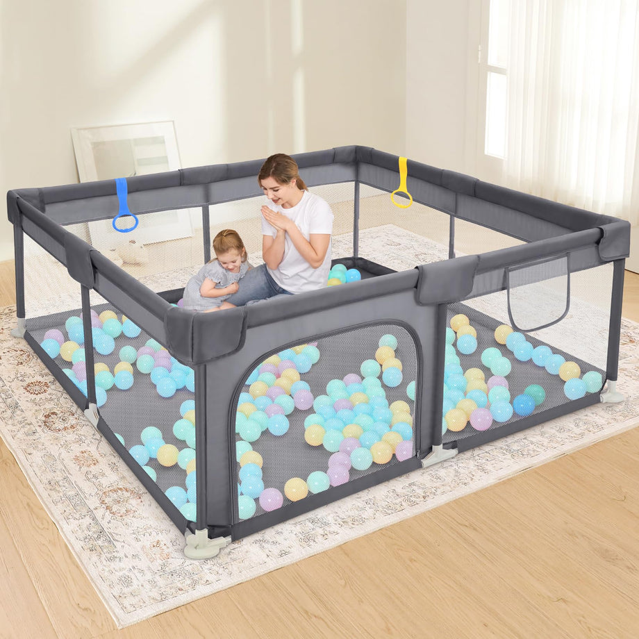 Dripex Baby Playpen, 52"×52" Play Pens for Babies and Toddlers, Safe Anti-Fall Play Yard with Gates, Baby Fence with Breathable Mesh, Indoor & Outdoor Kids Activity Center, Anchor Grey