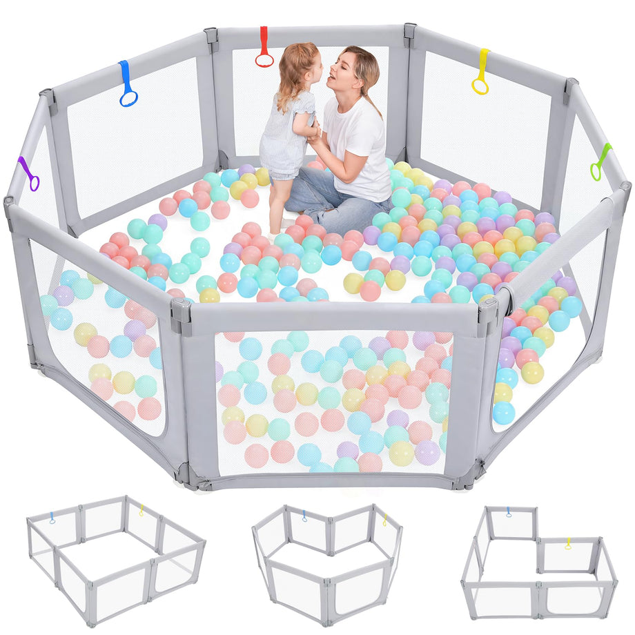 Dripex Foldable Baby Playpen, 71"×69" Play Pens for Babies and Toddlers, Safe Anti-Fall Play Yard with Gates, Baby Fence with Breathable Mesh, Indoor & Outdoor Kids Activity Center, Ash Grey