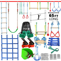 Ninja Warrior Obstacle Course for Kids Backyard - 2×65ft Slackline Kit with 10 Most Complete Accessories for Boys & Girls, Swing, Rope Ladder, Gymnastic Ring, Climbing Net, Arm Trainer and Monkey Fist