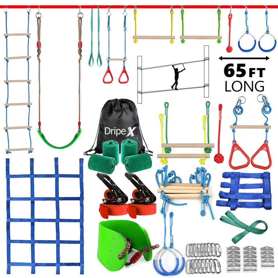Ninja Warrior Obstacle Course for Kids Backyard - 2×65ft Slackline Kit with 10 Most Complete Accessories for Boys & Girls, Swing, Rope Ladder, Gymnastic Ring, Climbing Net, Arm Trainer and Monkey Fist