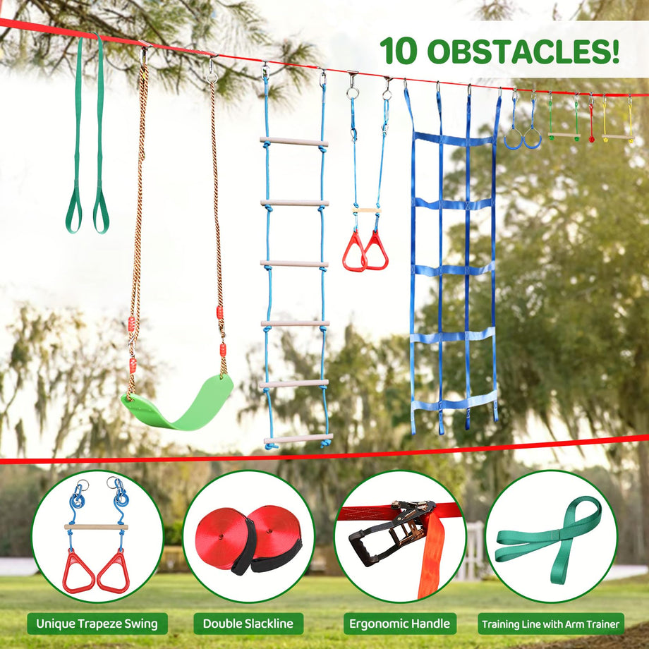 Ninja Warrior Obstacle Course for Kids Backyard - 2×50ft Slackline Kit with 10 Most Complete Accessories for Boys & Girls, Swing, Rope Ladder, Gymnastic Ring, Climbing Net, Arm Trainer and Monkey Fist