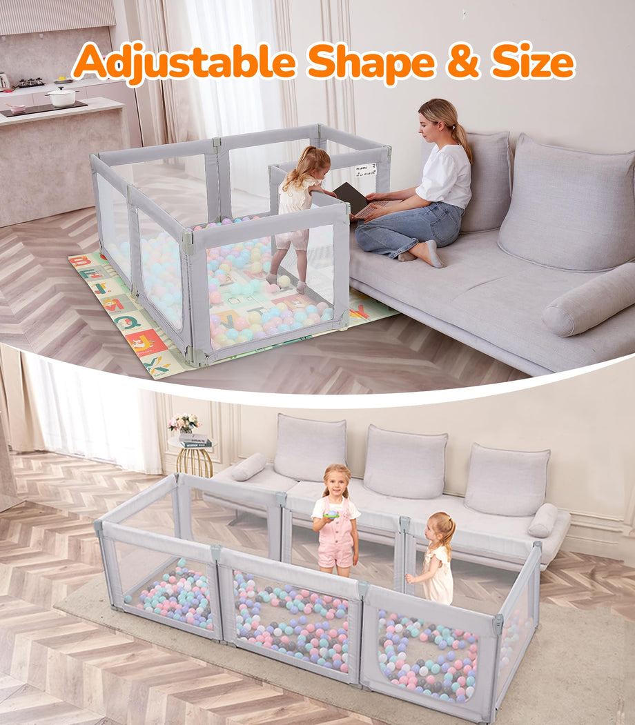 Dripex Foldable Baby Playpen, 71"×69" Play Pens for Babies and Toddlers, Safe Anti-Fall Play Yard with Gates, Baby Fence with Breathable Mesh, Indoor & Outdoor Kids Activity Center, Ash Grey