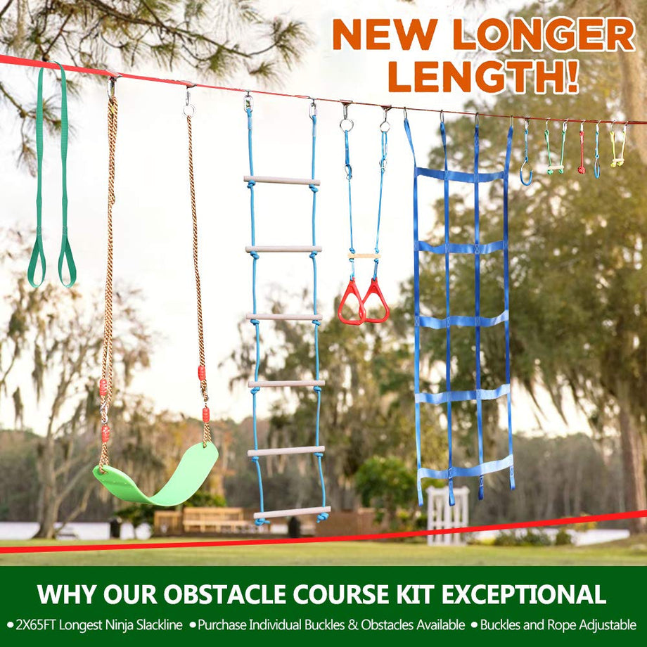 Ninja Warrior Obstacle Course for Kids Backyard - 2×65ft Slackline Kit with 10 Most Complete Accessories for Boys & Girls, Swing, Rope Ladder, Gymnastic Ring, Climbing Net, Arm Trainer and Monkey Fist