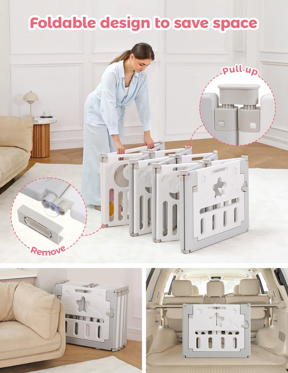 Dripex Baby Playpen, Foldable Playpen for Babies and Toddlers, Adjustable Shape Baby Fence, Safety Play Yard with Gate, Portable Play Area for Indoor or Outdoor (Grey+White,14 Panel)