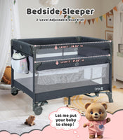 Dripex Pack and Play, 5 in 1 Baby Bassinet Bedside Sleeper, Baby Bedside Crib with Mattress, Changing Table, Removable Rocker, Foldable Playard for Newborn to Toddlers, Portable Playpen, Dark Grey