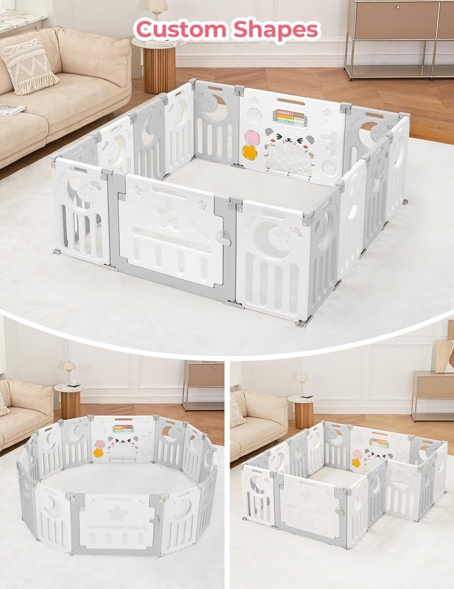 Dripex Baby Playpen, Foldable Playpen for Babies and Toddlers, Adjustable Shape Baby Fence, Safety Play Yard with Gate, Portable Play Area for Indoor or Outdoor (Grey+White,14 Panel)