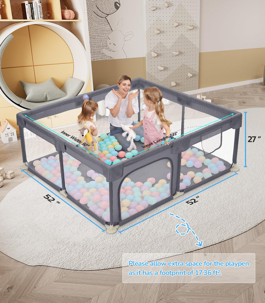 Dripex Baby Playpen, 52"×52" Play Pens for Babies and Toddlers, Safe Anti-Fall Play Yard with Gates, Baby Fence with Breathable Mesh, Indoor & Outdoor Kids Activity Center, Anchor Grey