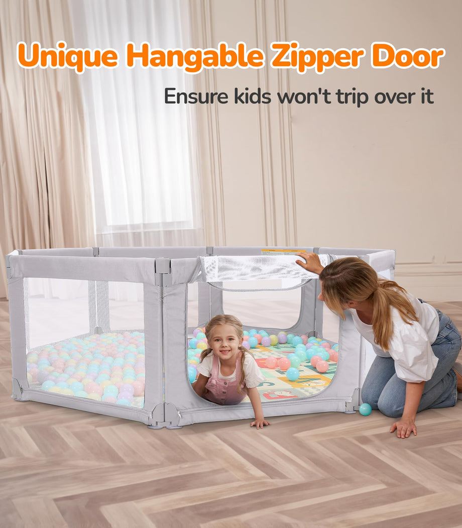 Dripex Foldable Baby Playpen, 71"×69" Play Pens for Babies and Toddlers, Safe Anti-Fall Play Yard with Gates, Baby Fence with Breathable Mesh, Indoor & Outdoor Kids Activity Center, Ash Grey