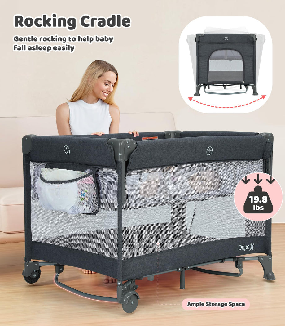Dripex Pack and Play, 5 in 1 Baby Bassinet Bedside Sleeper, Baby Bedside Crib with Mattress, Changing Table, Removable Rocker, Foldable Playard for Newborn to Toddlers, Portable Playpen, Dark Grey