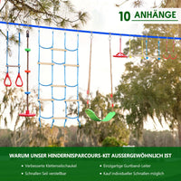 Ninja Obstacle Course for Kids Backyard - 10 Durable Obstacles and 60' Slackline - Outdoor Warrior Obstacle Playset Equipment with Gymnastic Ring, Rope Ladder, Ninja Wheel, Climbing Rope Swing
