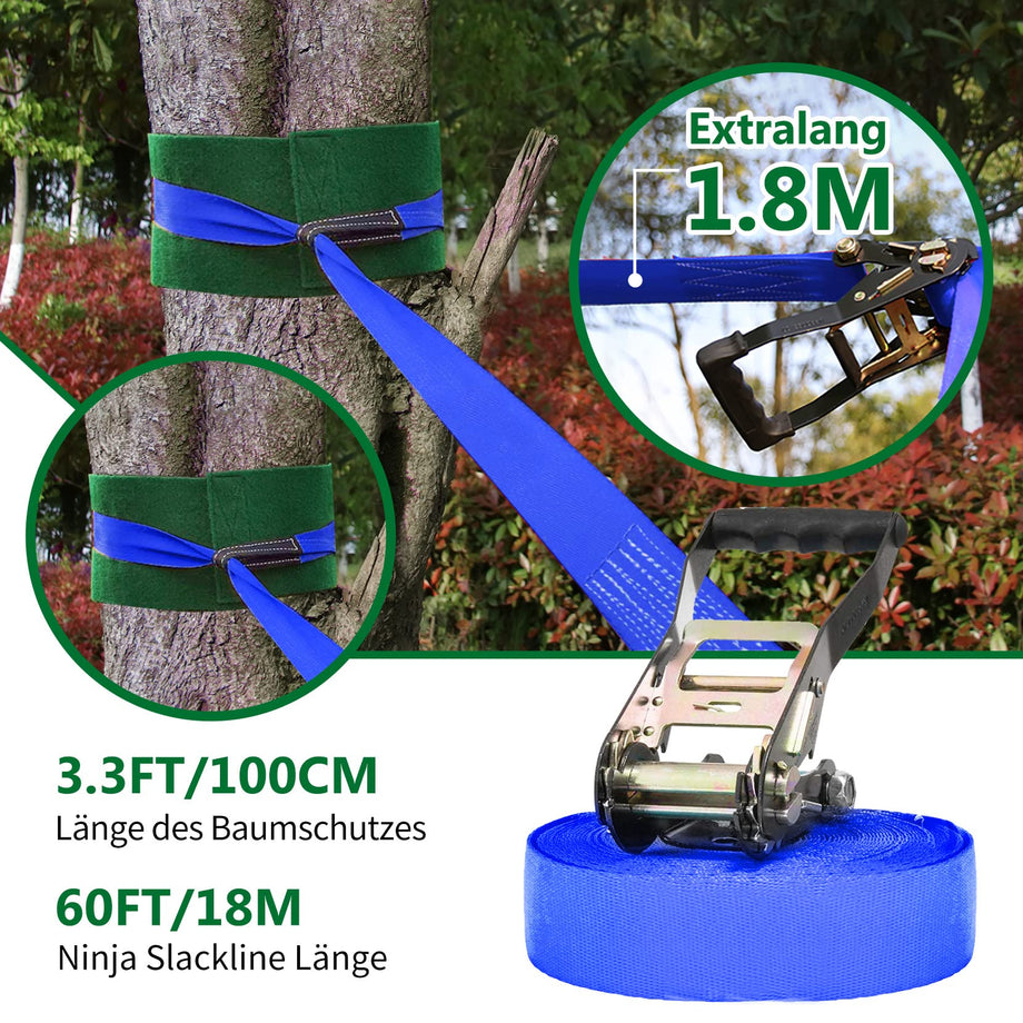 Ninja Obstacle Course for Kids Backyard - 10 Durable Obstacles and 60' Slackline - Outdoor Warrior Obstacle Playset Equipment with Gymnastic Ring, Rope Ladder, Ninja Wheel, Climbing Rope Swing