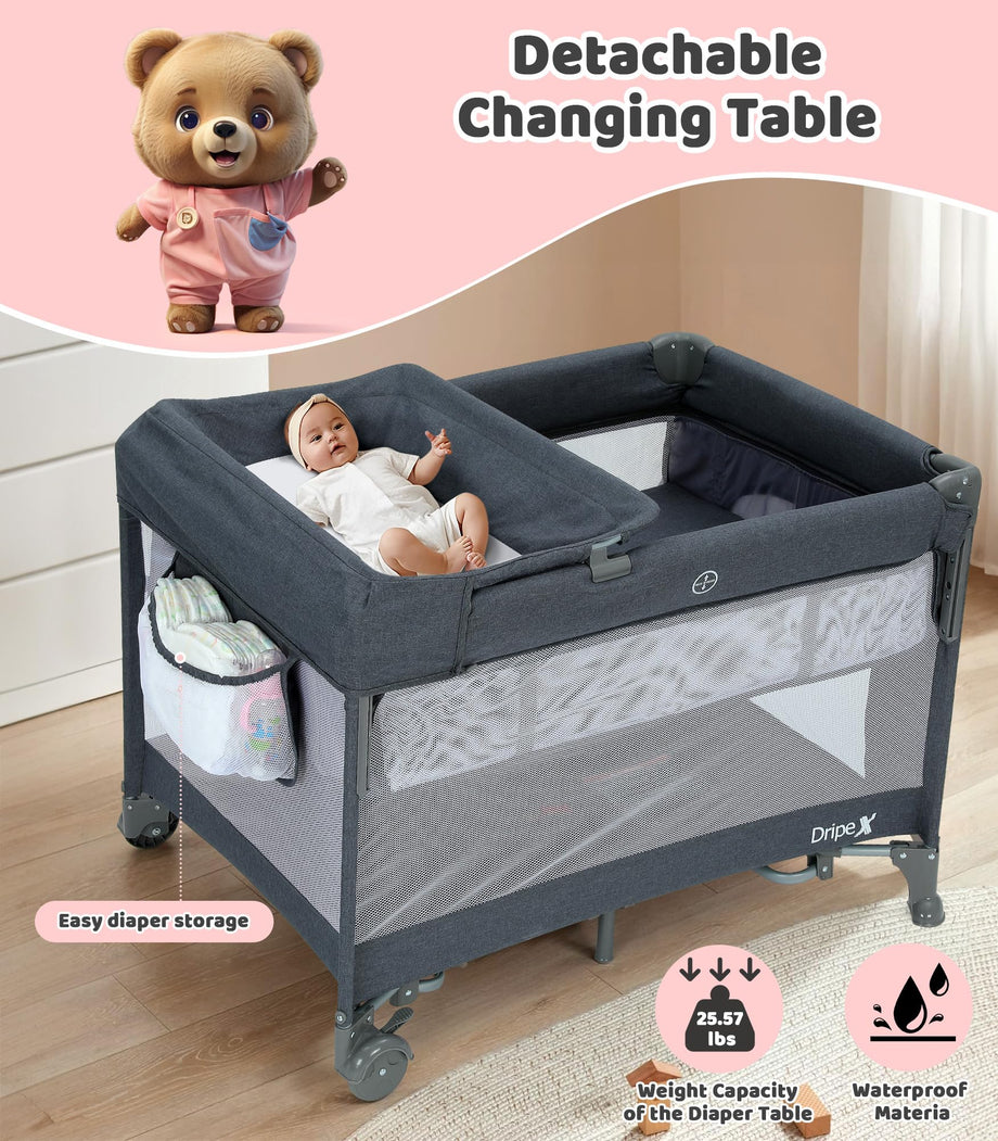 Dripex Pack and Play, 5 in 1 Baby Bassinet Bedside Sleeper, Baby Bedside Crib with Mattress, Changing Table, Removable Rocker, Foldable Playard for Newborn to Toddlers, Portable Playpen, Dark Grey