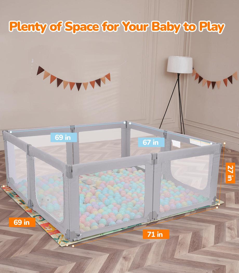 Dripex Foldable Baby Playpen, 71"×69" Play Pens for Babies and Toddlers, Safe Anti-Fall Play Yard with Gates, Baby Fence with Breathable Mesh, Indoor & Outdoor Kids Activity Center, Ash Grey