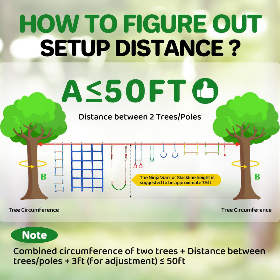 Ninja Warrior Obstacle Course for Kids Backyard - 2×50ft Slackline Kit with 10 Most Complete Accessories for Boys & Girls, Swing, Rope Ladder, Gymnastic Ring, Climbing Net, Arm Trainer and Monkey Fist