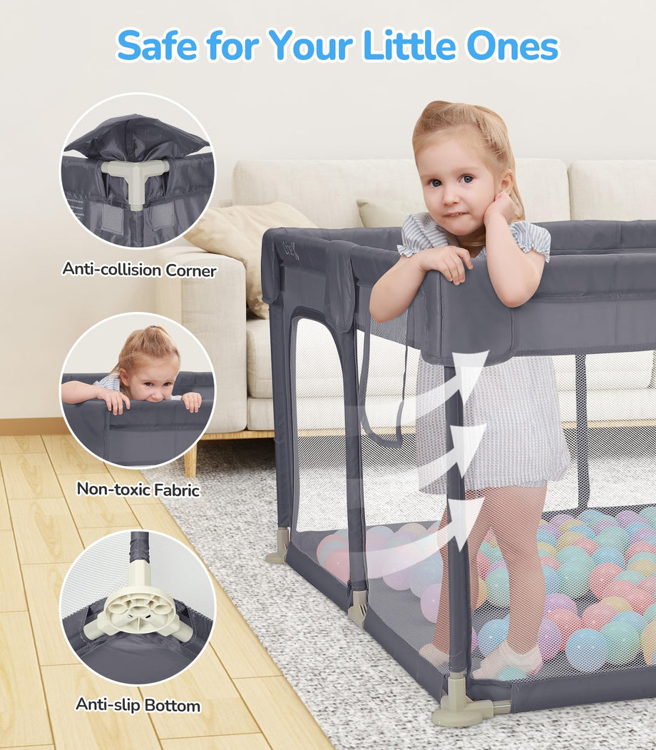 Dripex Baby Playpen, 52"×52" Play Pens for Babies and Toddlers, Safe Anti-Fall Play Yard with Gates, Baby Fence with Breathable Mesh, Indoor & Outdoor Kids Activity Center, Anchor Grey