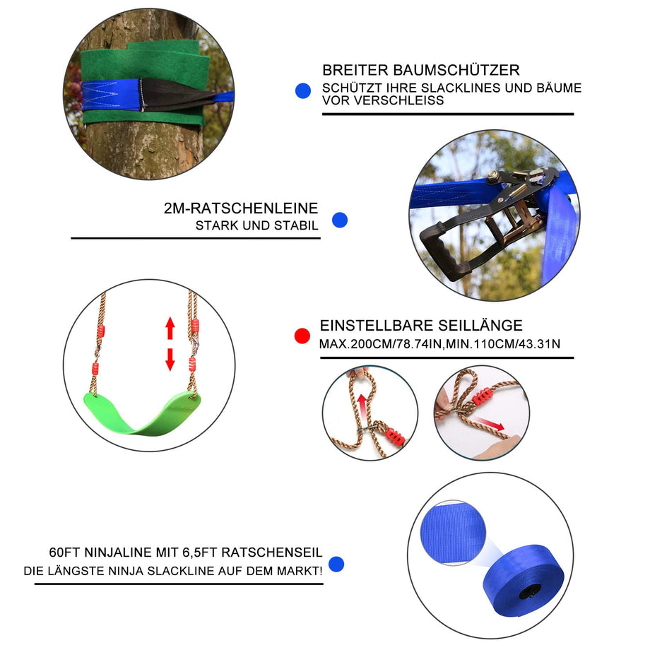 Ninja Obstacle Course for Kids Backyard - 10 Durable Obstacles and 60' Slackline - Outdoor Warrior Obstacle Playset Equipment with Gymnastic Ring, Rope Ladder, Ninja Wheel, Climbing Rope Swing