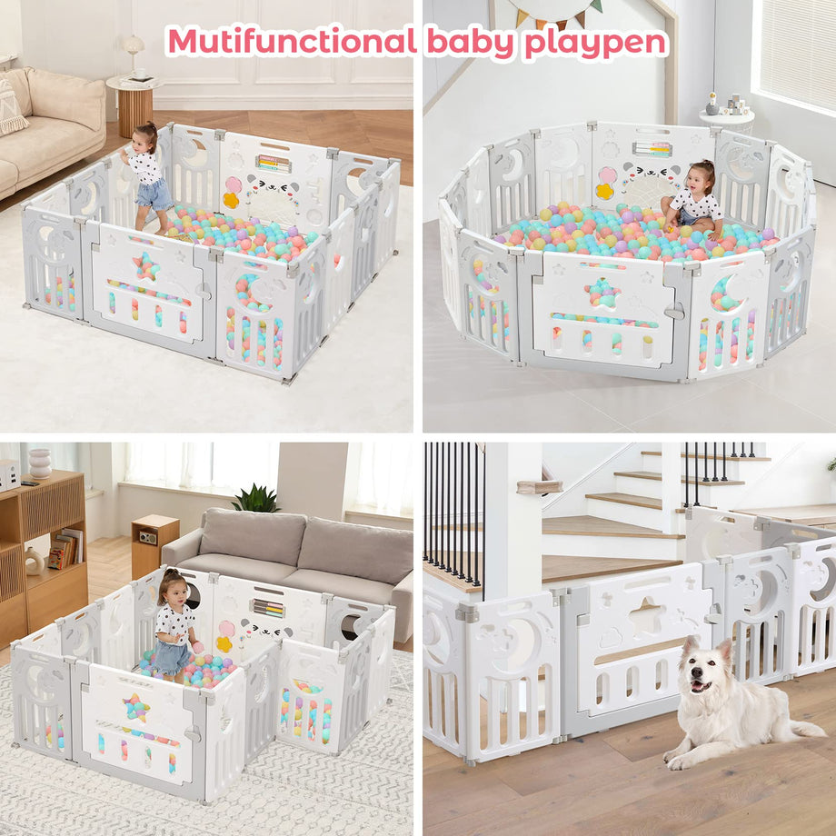 Dripex Baby Playpen, Foldable Playpen for Babies and Toddlers, Adjustable Shape Baby Fence, Safety Play Yard with Gate, Portable Play Area for Indoor or Outdoor (Grey+White,14 Panel)