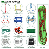 Ninja Warrior Obstacle Course for Kids Backyard - 2×50ft Slackline Kit with 10 Most Complete Accessories for Boys & Girls, Swing, Rope Ladder, Gymnastic Ring, Climbing Net, Arm Trainer and Monkey Fist