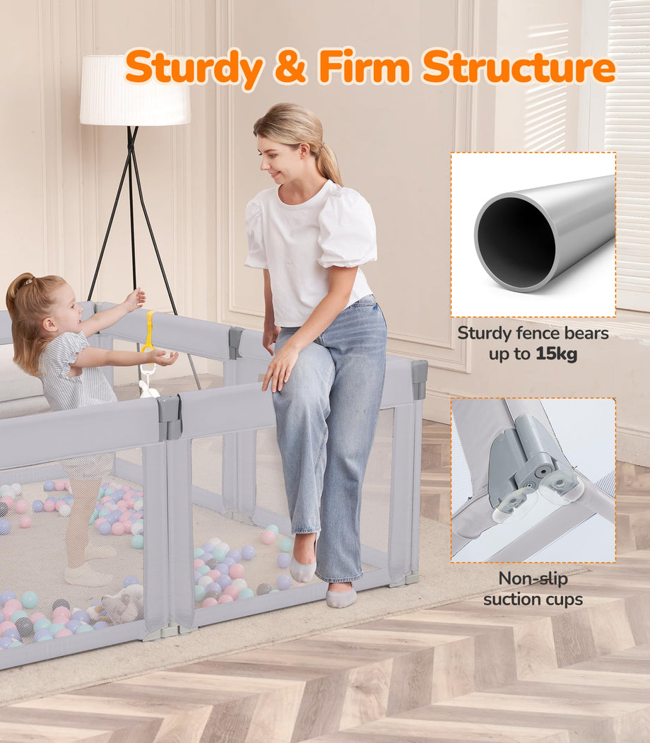 Dripex Foldable Baby Playpen, 71"×69" Play Pens for Babies and Toddlers, Safe Anti-Fall Play Yard with Gates, Baby Fence with Breathable Mesh, Indoor & Outdoor Kids Activity Center, Ash Grey