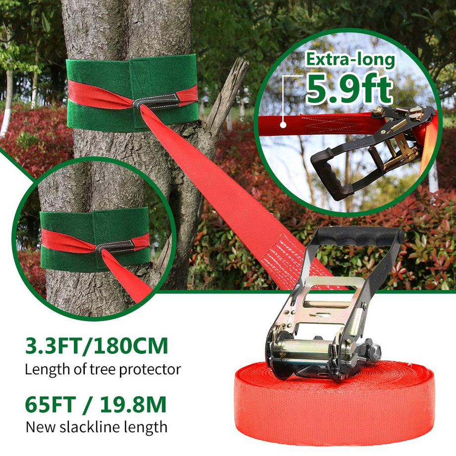 Ninja Warrior Obstacle Course for Kids Backyard - 2×65ft Slackline Kit with 10 Most Complete Accessories for Boys & Girls, Swing, Rope Ladder, Gymnastic Ring, Climbing Net, Arm Trainer and Monkey Fist