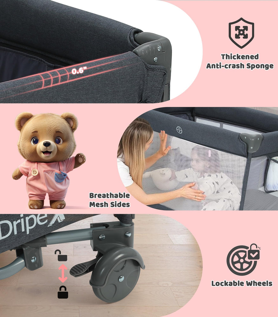 Dripex Pack and Play, 5 in 1 Baby Bassinet Bedside Sleeper, Baby Bedside Crib with Mattress, Changing Table, Removable Rocker, Foldable Playard for Newborn to Toddlers, Portable Playpen, Dark Grey