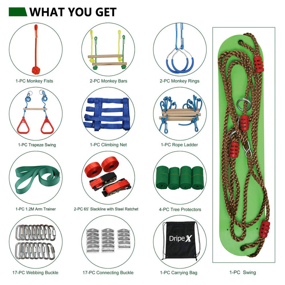 Ninja Warrior Obstacle Course for Kids Backyard - 2×65ft Slackline Kit with 10 Most Complete Accessories for Boys & Girls, Swing, Rope Ladder, Gymnastic Ring, Climbing Net, Arm Trainer and Monkey Fist