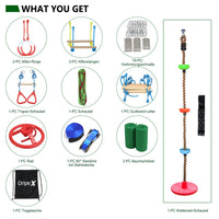 Ninja Obstacle Course for Kids Backyard - 10 Durable Obstacles and 60' Slackline - Outdoor Warrior Obstacle Playset Equipment with Gymnastic Ring, Rope Ladder, Ninja Wheel, Climbing Rope Swing