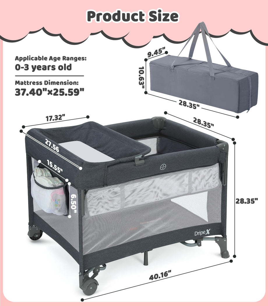 Dripex Pack and Play, 5 in 1 Baby Bassinet Bedside Sleeper, Baby Bedside Crib with Mattress, Changing Table, Removable Rocker, Foldable Playard for Newborn to Toddlers, Portable Playpen, Dark Grey