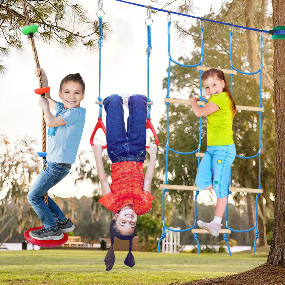 Ninja Obstacle Course for Kids Backyard - 10 Durable Obstacles and 60' Slackline - Outdoor Warrior Obstacle Playset Equipment with Gymnastic Ring, Rope Ladder, Ninja Wheel, Climbing Rope Swing