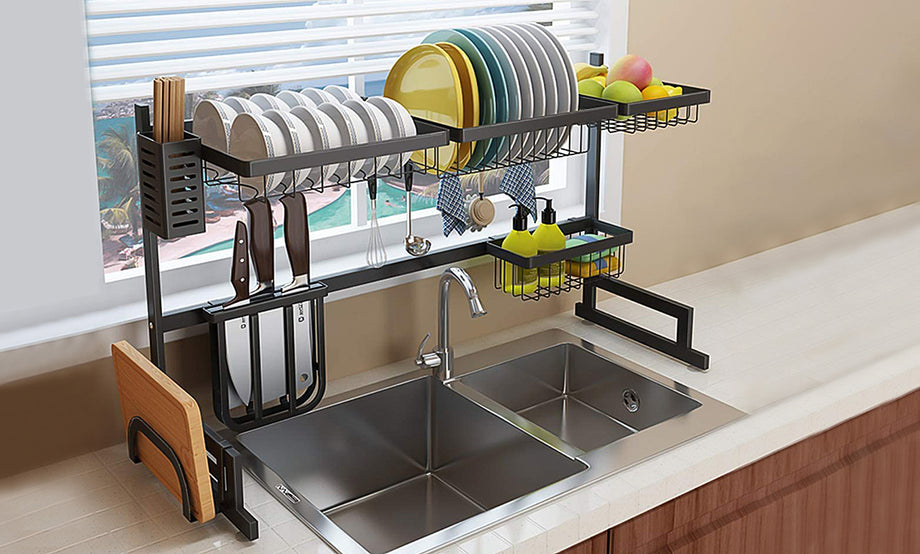 Dish Drying Rack Over Sink, iropro Stainless Steel Multi-Function Sink Dish Storage Drain Rack, Large Dish Drainer Shelf with Utensil Holder, Kitchen Space Save Must Have(Size: 85 x32 x52cm,Black)