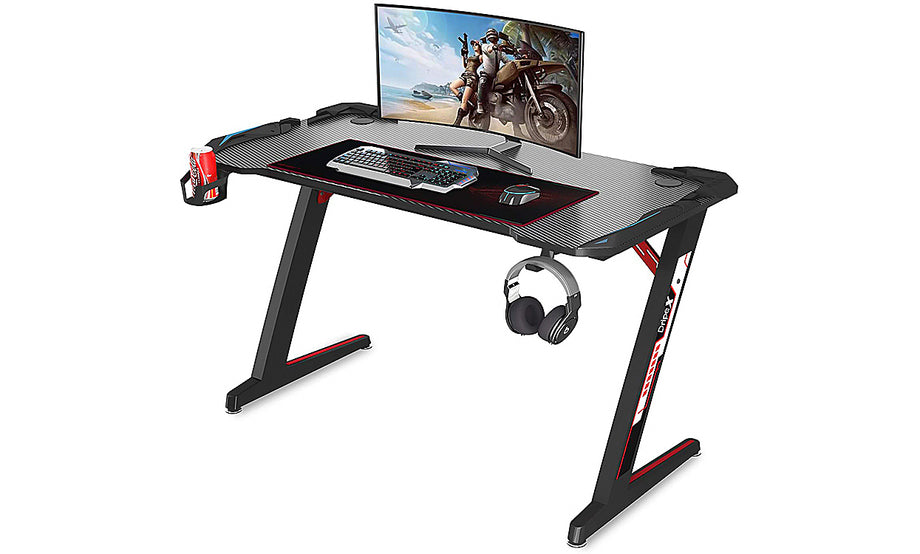 Dripex Ergonomic Gaming Desk, Z-Shaped Gaming Table for PC with Cup Holder, Headphone Hook & Stuff Storage, Black