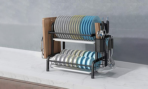 Iropro 2 Tier Dish Drainer Rack with Tray, Black Stainless Steel Kitchen Cutlery Storage Rack, Hanging Wall Mount Drying Organizer Storage Shelf Drainer for Dishes, Bowls, Utensils