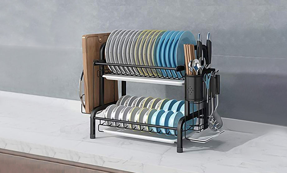 Iropro 2 Tier Dish Drainer Rack with Tray, Black Stainless Steel Kitchen Cutlery Storage Rack, Hanging Wall Mount Drying Organizer Storage Shelf Drainer for Dishes, Bowls, Utensils