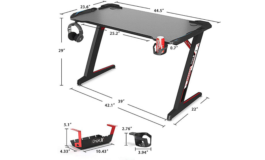 Dripex Ergonomic Gaming Desk, Z-Shaped Gaming Table for PC with Cup Holder, Headphone Hook & Stuff Storage, Black