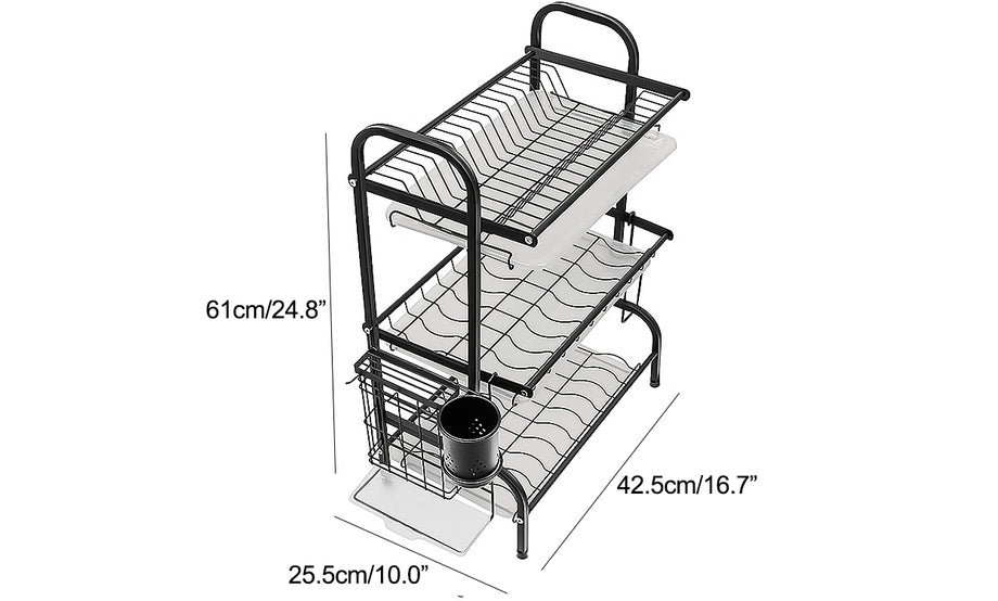 Iropro 3 Tier Dish Drainer Rack with Tray, Black Stainless Steel Kitchen Cutlery Storage Rack, Hanging Wall Mount Drying Organizer Storage Shelf Drainer for Dishes, Bowls, Utensils
