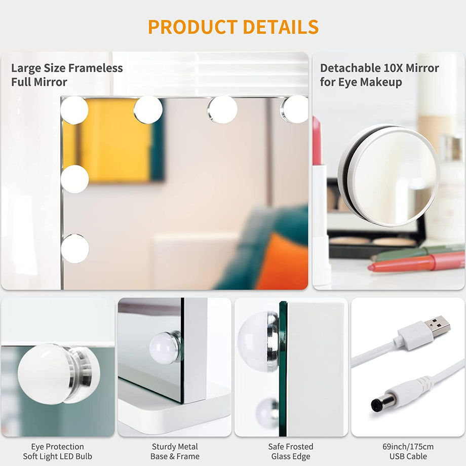 Dripex Vanity Mirror with Lights, Large Hollywood Lighted Makeup Mirror with 14 Dimmable LED Bulbs, Touchscreen Control, Cosmetic Tabletop Mirror for Bedroom, Dressing Room