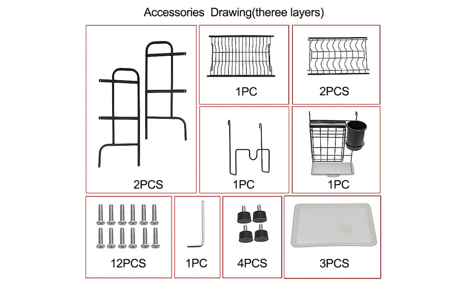 Iropro 3 Tier Dish Drainer Rack with Tray, Black Stainless Steel Kitchen Cutlery Storage Rack, Hanging Wall Mount Drying Organizer Storage Shelf Drainer for Dishes, Bowls, Utensils