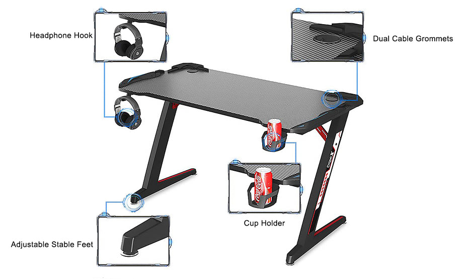 Dripex Ergonomic Gaming Desk, Z-Shaped Gaming Table for PC with Cup Holder, Headphone Hook & Stuff Storage, Black