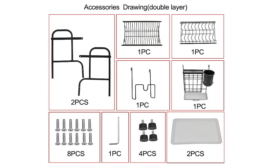 Iropro 2 Tier Dish Drainer Rack with Tray, Black Stainless Steel Kitchen Cutlery Storage Rack, Hanging Wall Mount Drying Organizer Storage Shelf Drainer for Dishes, Bowls, Utensils