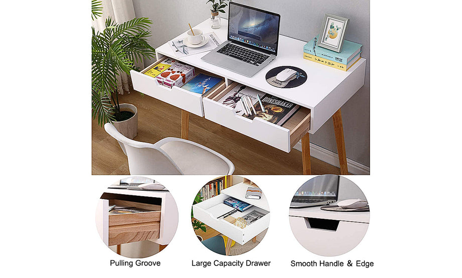 Dripex White Computer Desk, Office Desk PC Laptop Notebook Desk Writing Study Table Workstation with 2 Storage Drawers for Home Office Furniture