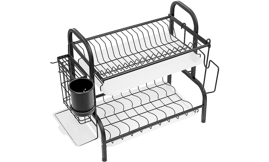 Iropro 2 Tier Dish Drainer Rack with Tray, Black Stainless Steel Kitchen Cutlery Storage Rack, Hanging Wall Mount Drying Organizer Storage Shelf Drainer for Dishes, Bowls, Utensils