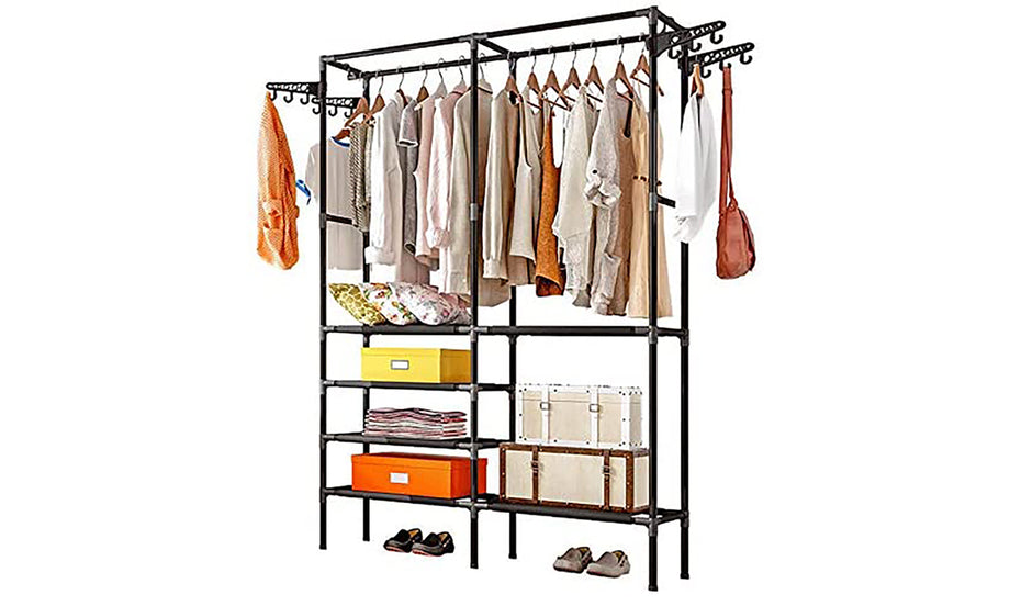 iropro Heavy Duty Metal Garment Rail Clothes Rail Hanging Display Rail With 4-Tier Storage Shelf for Boxes Shoes, Free Standing Clothing Rail Coat Rack with Hooks for Bags, Hats, Towel