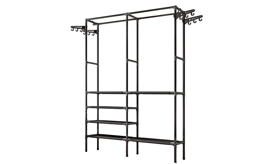 iropro Heavy Duty Metal Garment Rail Clothes Rail Hanging Display Rail With 4-Tier Storage Shelf for Boxes Shoes, Free Standing Clothing Rail Coat Rack with Hooks for Bags, Hats, Towel