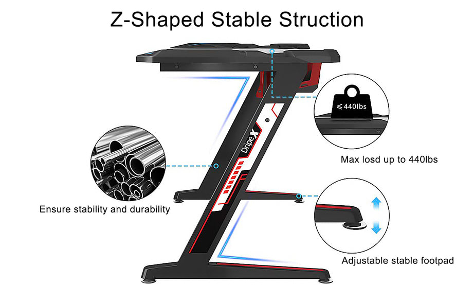Dripex Ergonomic Gaming Desk, Z-Shaped Gaming Table for PC with Cup Holder, Headphone Hook & Stuff Storage, Black