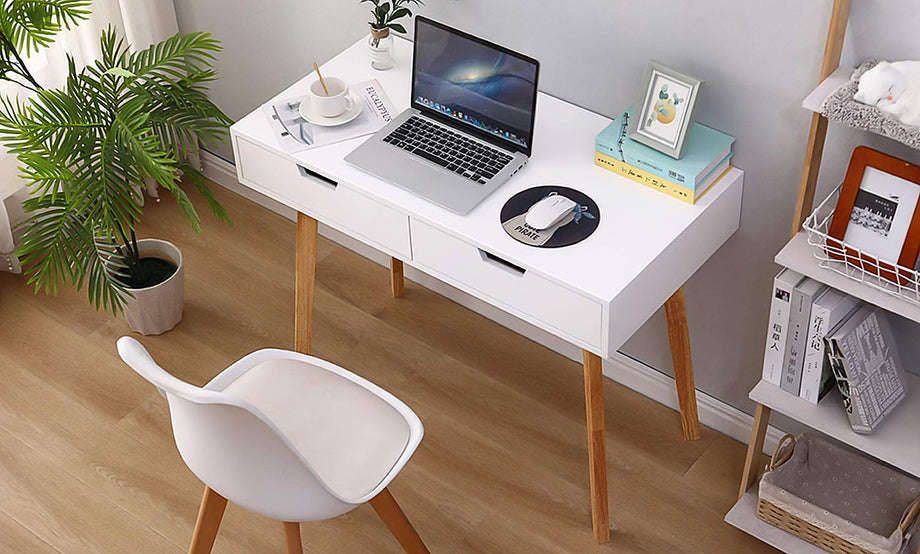 Dripex White Computer Desk, Office Desk PC Laptop Notebook Desk Writing Study Table Workstation with 2 Storage Drawers for Home Office Furniture