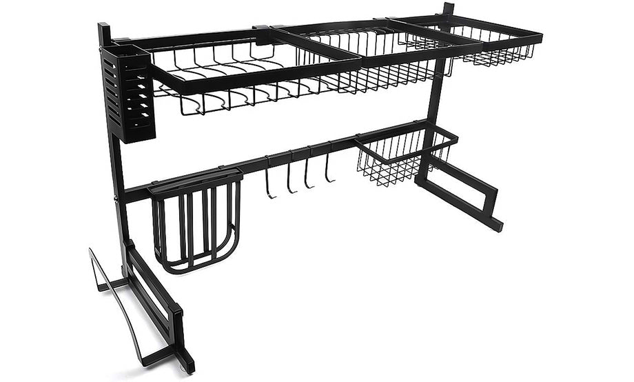 Dish Drying Rack Over Sink, iropro Stainless Steel Multi-Function Sink Dish Storage Drain Rack, Large Dish Drainer Shelf with Utensil Holder, Kitchen Space Save Must Have(Size: 85 x32 x52cm,Black)
