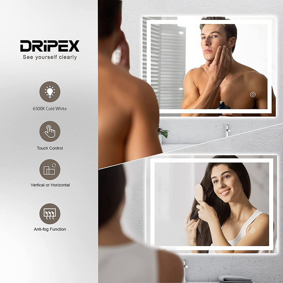 Dripex Bathroom Mirror with LED Lights, 600*800 MM Illuminated Bathroom Mirror Wall Mounted Vanity Mirror, Bathroom Light Mirror with Demister Pad, Horizontal/Vertical