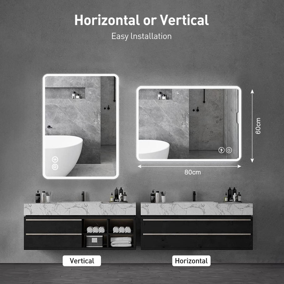 Dripex Illuminated Backlit LED Bathroom Mirror ,600*800 MM Bluetooth Bathroom Mirrors with Dimmable LED Lights and Demister Pad, Horizontal/Vertical